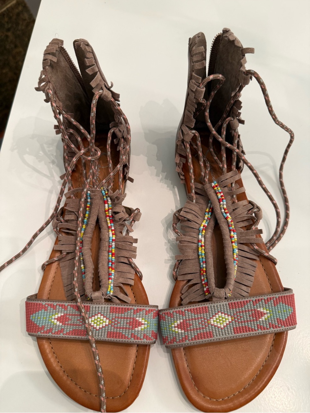 Jessica Simpson Taupe Fringe Gladiator Sandals with Multicolor Beads